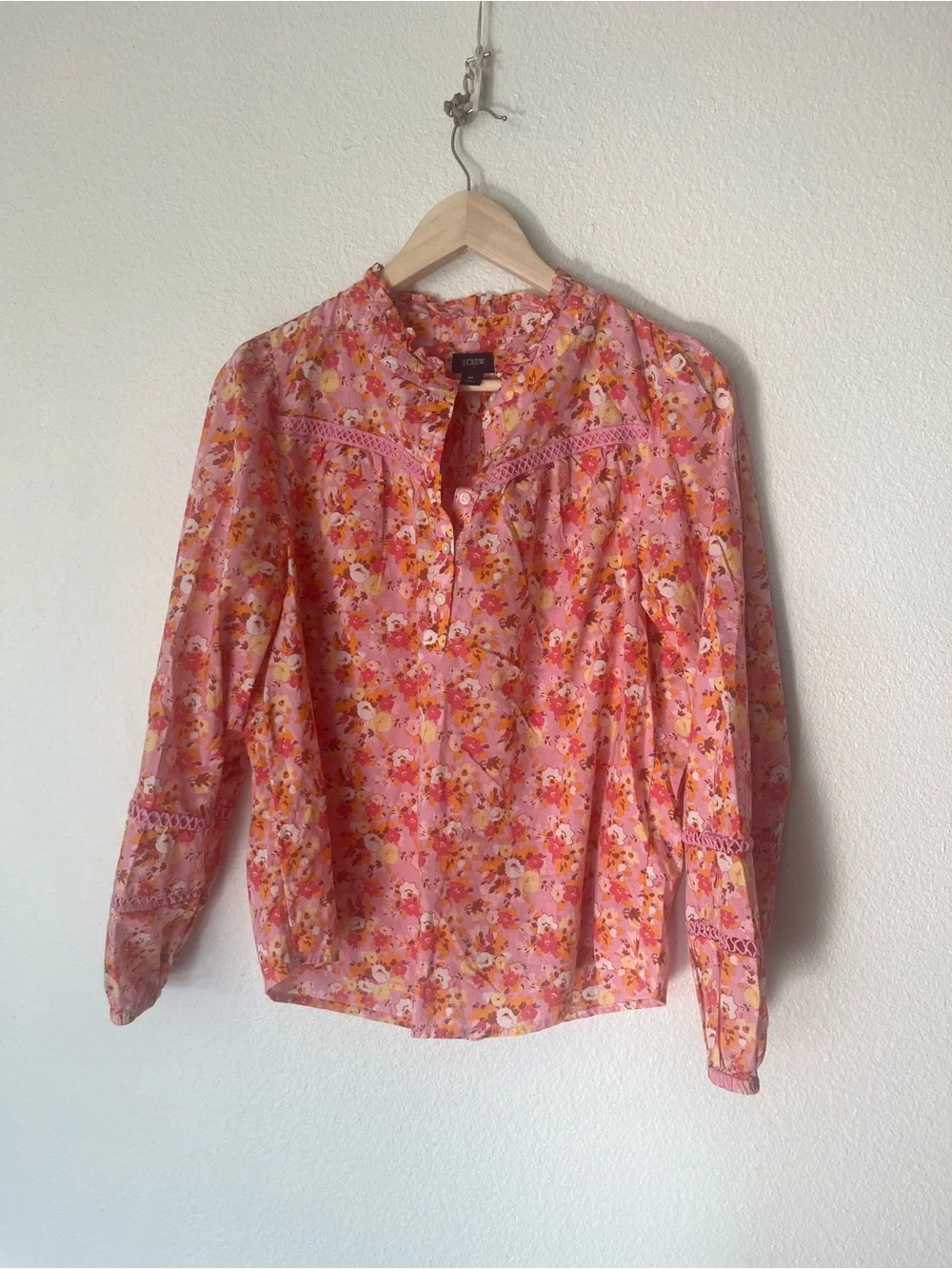 J. Crew Pink Floral Cotton Voile Blouse with Lace Insets